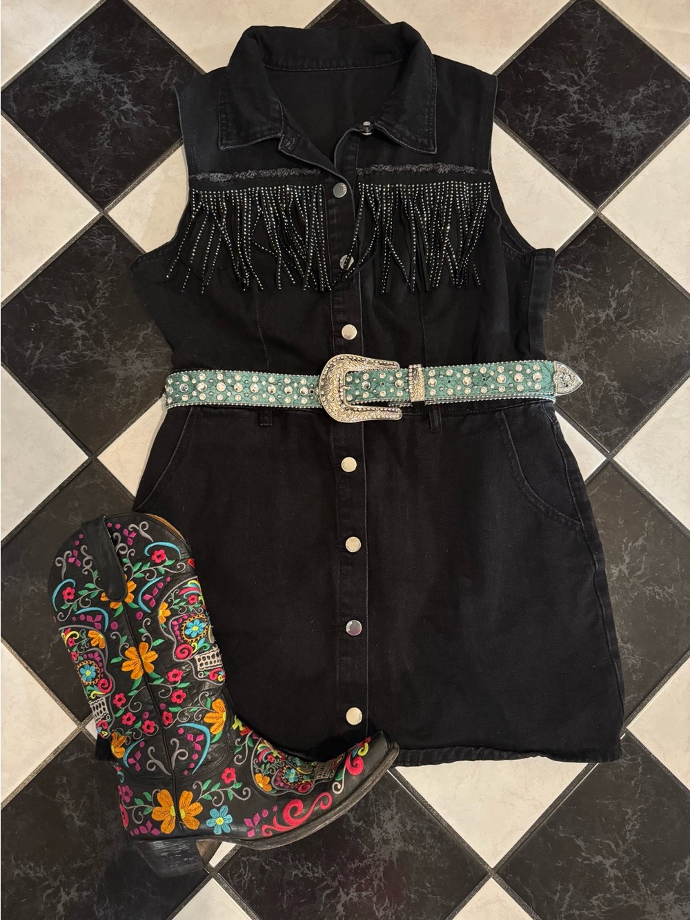 Black Sleeveless Denim Rhinestone Fringe Dress sz XL